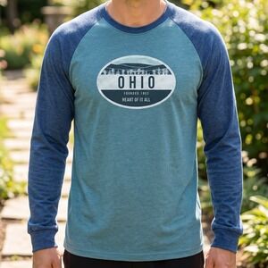 Home Free Ohio Heart of It All Raglan Long Sleeve Graphic Tee Teal Navy Blue